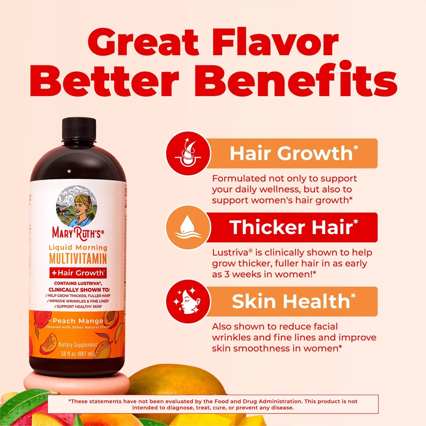 MARYRUTH'S Liquid Multivitamin+Hair Growth | Clinically Tested for Thicker Hair & Facial Wrinkles in Women | Biotin 10000mcg | Lustriva Hair Growth Supplement | Skin Care | Age 18+ | 30 Fl Oz