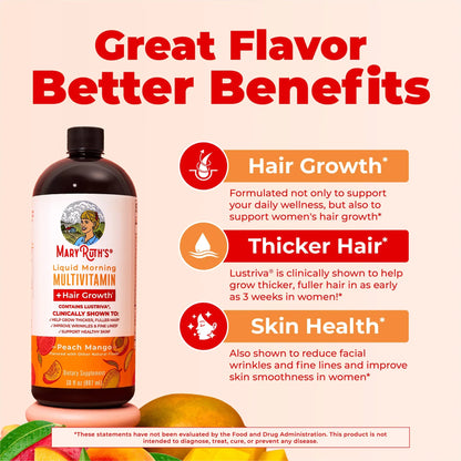 MARYRUTH'S Liquid Multivitamin+Hair Growth | Clinically Tested for Thicker Hair & Facial Wrinkles in Women | Biotin 10000mcg | Lustriva Hair Growth Supplement | Skin Care | Age 18+ | 30 Fl Oz